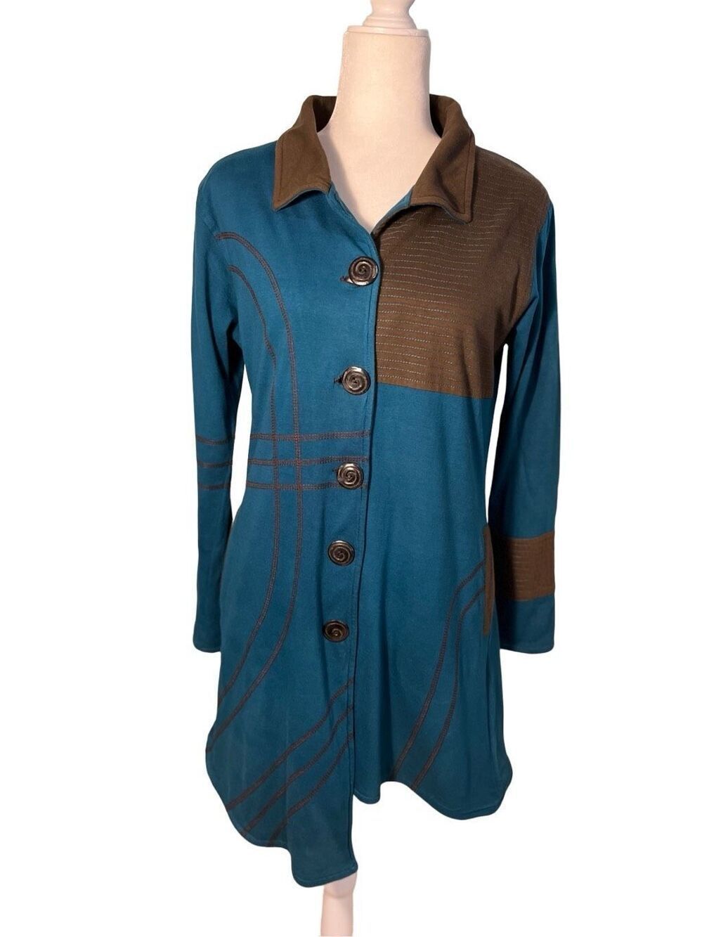 yak n yeti aqua and brown patchwork asymmetrical 100% cotton fleece jacket - S
